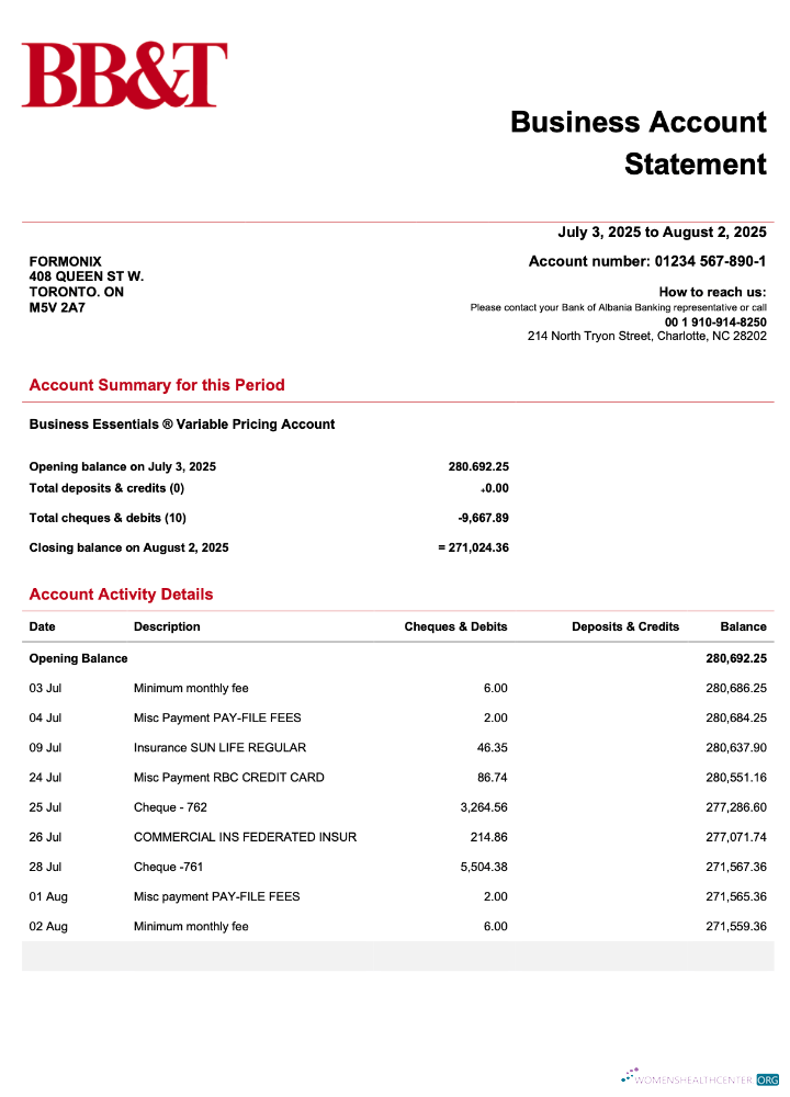 Download USA BB&T Corp firm account statement Word and PDF template Photoshop template